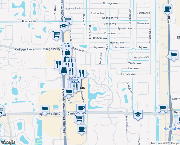 map of restaurants, bars, coffee shops, grocery stores, and more near 105 Pinebrook Drive in Fort Myers