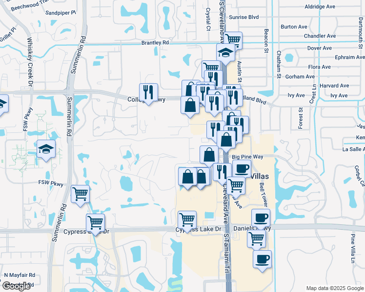 map of restaurants, bars, coffee shops, grocery stores, and more near 1828 Pine Valley Drive in Fort Myers