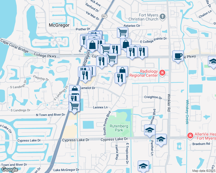 map of restaurants, bars, coffee shops, grocery stores, and more near 9296 Lake Park Drive in Fort Myers