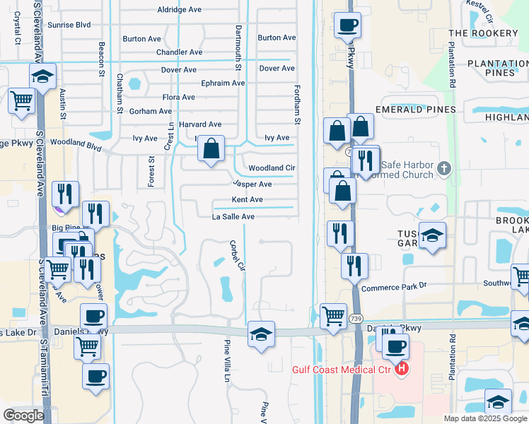 map of restaurants, bars, coffee shops, grocery stores, and more near 2424 Kent Avenue in Fort Myers