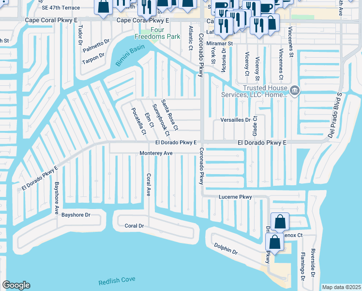 map of restaurants, bars, coffee shops, grocery stores, and more near 712 El Dorado Parkway East in Cape Coral
