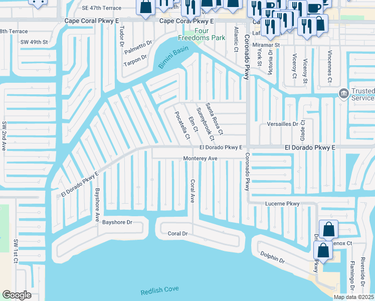 map of restaurants, bars, coffee shops, grocery stores, and more near 450 El Dorado Parkway East in Cape Coral