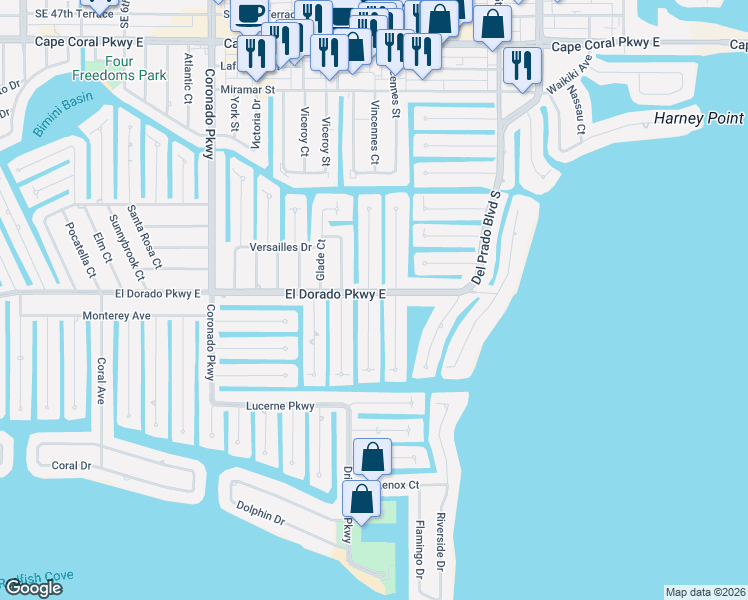 map of restaurants, bars, coffee shops, grocery stores, and more near 5301 Mayfair Court in Cape Coral