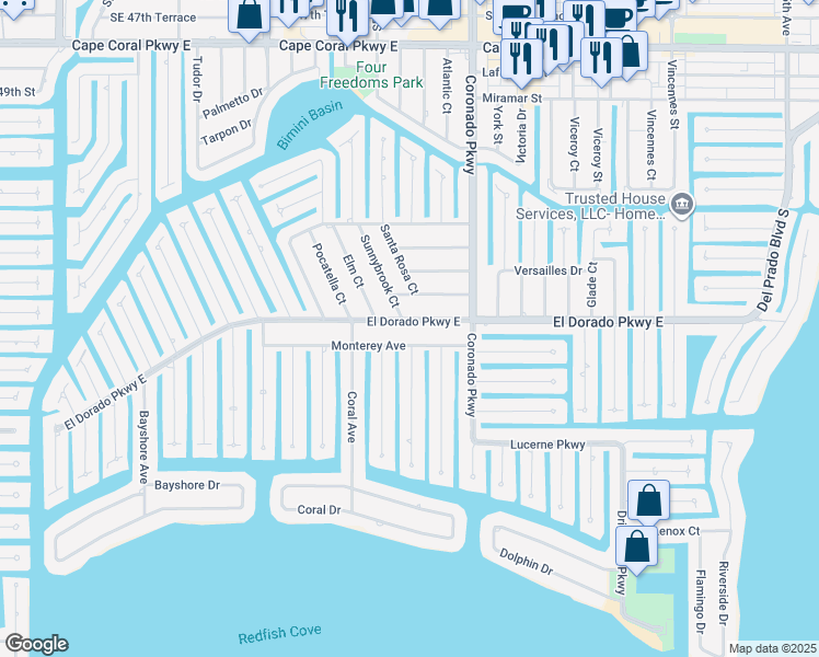 map of restaurants, bars, coffee shops, grocery stores, and more near 712 El Dorado Parkway East in Cape Coral