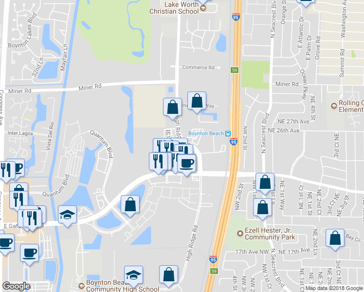 map of restaurants, bars, coffee shops, grocery stores, and more near 2413 Northwest 5th Street in Boynton Beach