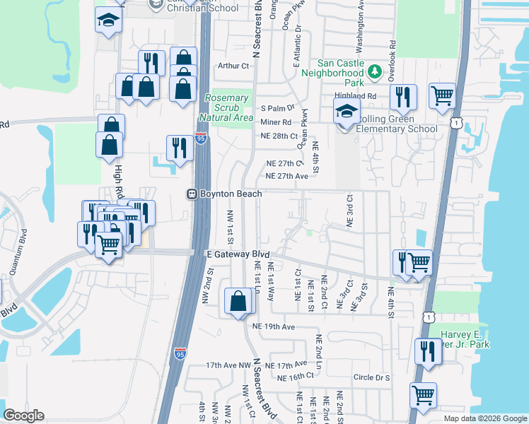 map of restaurants, bars, coffee shops, grocery stores, and more near 2600 Northeast 1st Lane in Boynton Beach