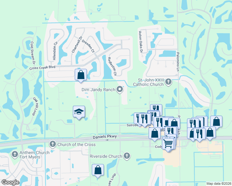 map of restaurants, bars, coffee shops, grocery stores, and more near 13100 Pinto Lane in Fort Myers