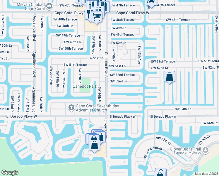 map of restaurants, bars, coffee shops, grocery stores, and more near 5305 Chiquita Boulevard South in Cape Coral