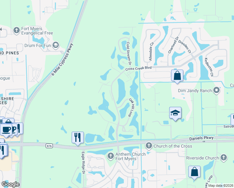 map of restaurants, bars, coffee shops, grocery stores, and more near 13111 Cross Creek Boulevard in Fort Myers