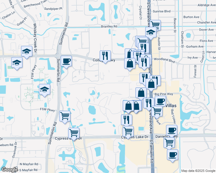 map of restaurants, bars, coffee shops, grocery stores, and more near 1740 Pine Valley Drive in Fort Myers