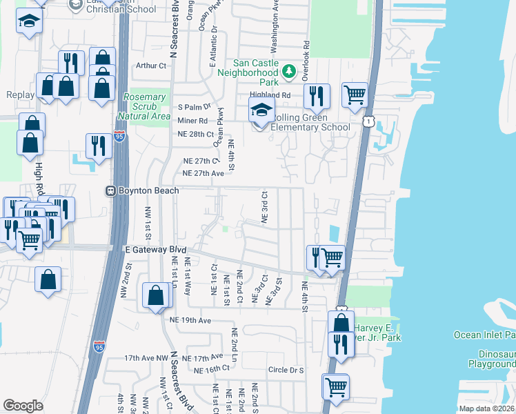 map of restaurants, bars, coffee shops, grocery stores, and more near 2615 Northeast 3rd Court in Boynton Beach