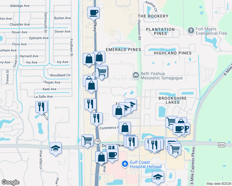 map of restaurants, bars, coffee shops, grocery stores, and more near 13140 Bella Casa Circle in Fort Myers