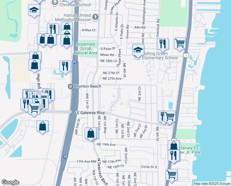 map of restaurants, bars, coffee shops, grocery stores, and more near 2615 Northeast 1st Court in Boynton Beach