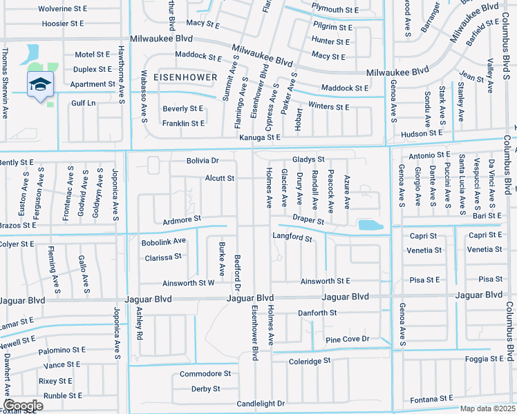 map of restaurants, bars, coffee shops, grocery stores, and more near 733 Eisenhower Boulevard in Lehigh Acres