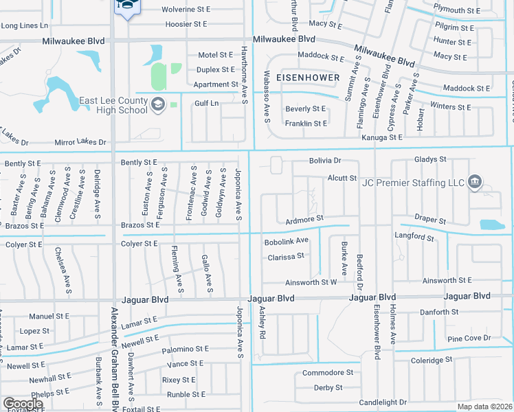 map of restaurants, bars, coffee shops, grocery stores, and more near 734 Ashley Road in Lehigh Acres