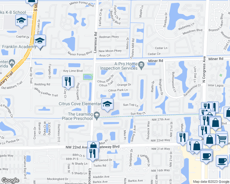 map of restaurants, bars, coffee shops, grocery stores, and more near 78 Citrus Park Lane in Boynton Beach