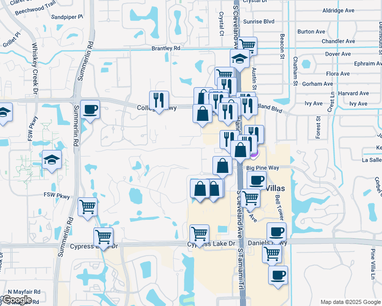 map of restaurants, bars, coffee shops, grocery stores, and more near 1828 Pine Valley Drive in Fort Myers
