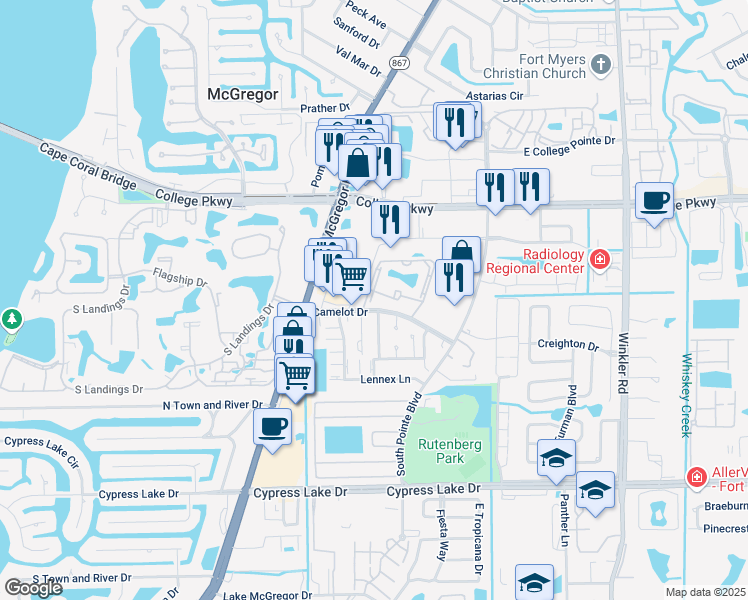 map of restaurants, bars, coffee shops, grocery stores, and more near 9421 Camelot Drive in Fort Myers