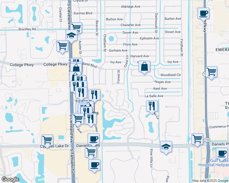 map of restaurants, bars, coffee shops, grocery stores, and more near 13196 Tall Pine Circle in Fort Myers