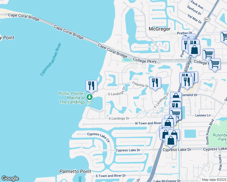 map of restaurants, bars, coffee shops, grocery stores, and more near 12830 Yacht Club Circle in Fort Myers