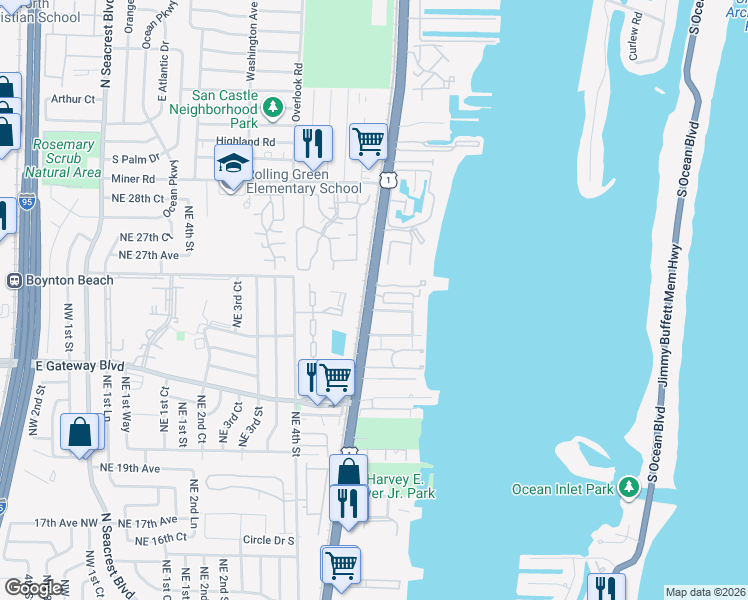 map of restaurants, bars, coffee shops, grocery stores, and more near 2626 U.S. 1 in Boynton Beach