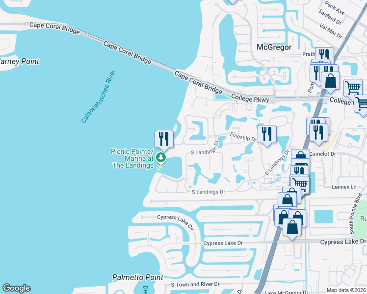 map of restaurants, bars, coffee shops, grocery stores, and more near 12816 Yacht Club Circle in Fort Myers