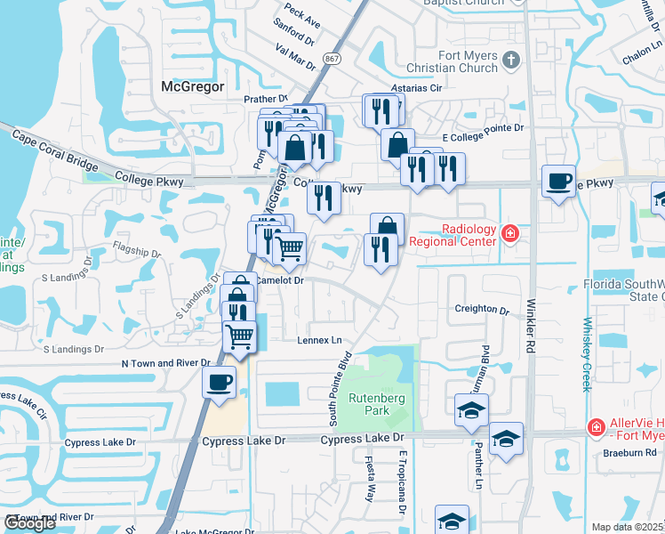 map of restaurants, bars, coffee shops, grocery stores, and more near 9285 Lake Park Drive Southwest in Fort Myers