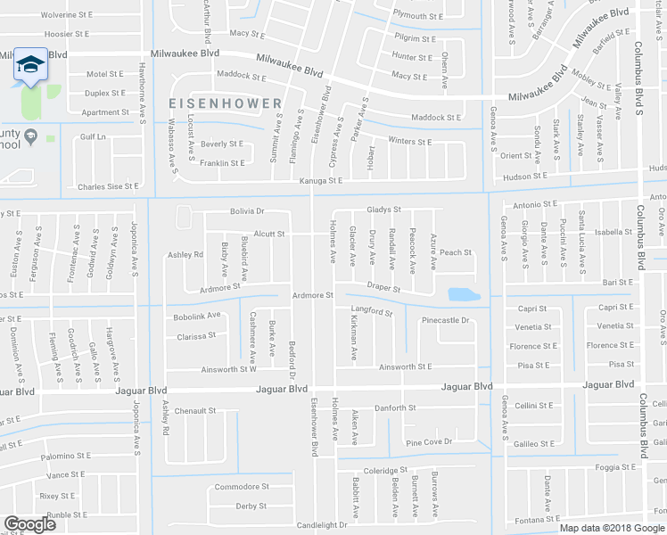 map of restaurants, bars, coffee shops, grocery stores, and more near 733 Eisenhower Boulevard in Lehigh Acres