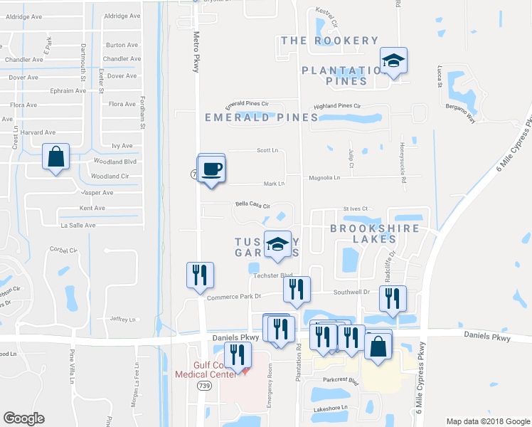 map of restaurants, bars, coffee shops, grocery stores, and more near 13130 Bella Casa Circle in Fort Myers