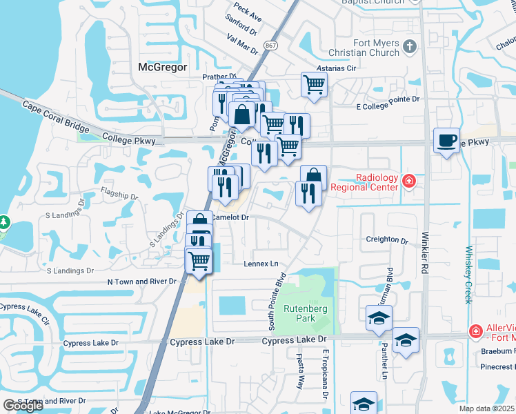 map of restaurants, bars, coffee shops, grocery stores, and more near 9421 Camelot Drive in Fort Myers