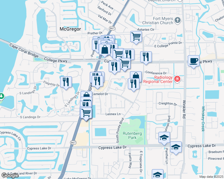 map of restaurants, bars, coffee shops, grocery stores, and more near 9421 Camelot Drive in Fort Myers
