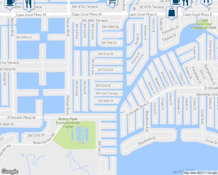 map of restaurants, bars, coffee shops, grocery stores, and more near 134 Southwest 53rd Street in Cape Coral