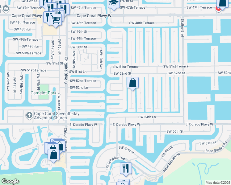 map of restaurants, bars, coffee shops, grocery stores, and more near 1224 Southwest 53rd Street in Cape Coral