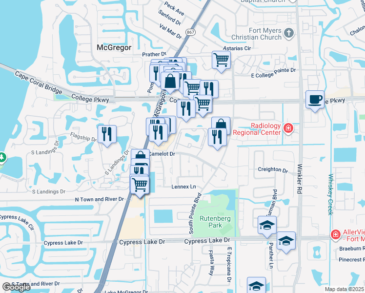 map of restaurants, bars, coffee shops, grocery stores, and more near 9305 Lake Park Drive in Fort Myers