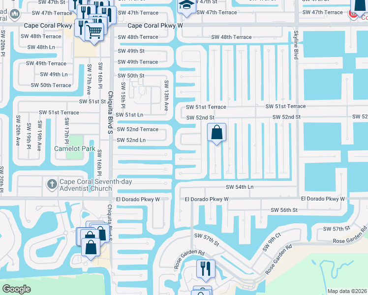 map of restaurants, bars, coffee shops, grocery stores, and more near 1224 Southwest 53rd Street in Cape Coral
