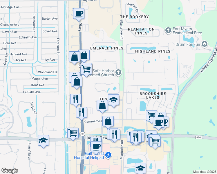 map of restaurants, bars, coffee shops, grocery stores, and more near 13130 Bella Casa Circle in Fort Myers