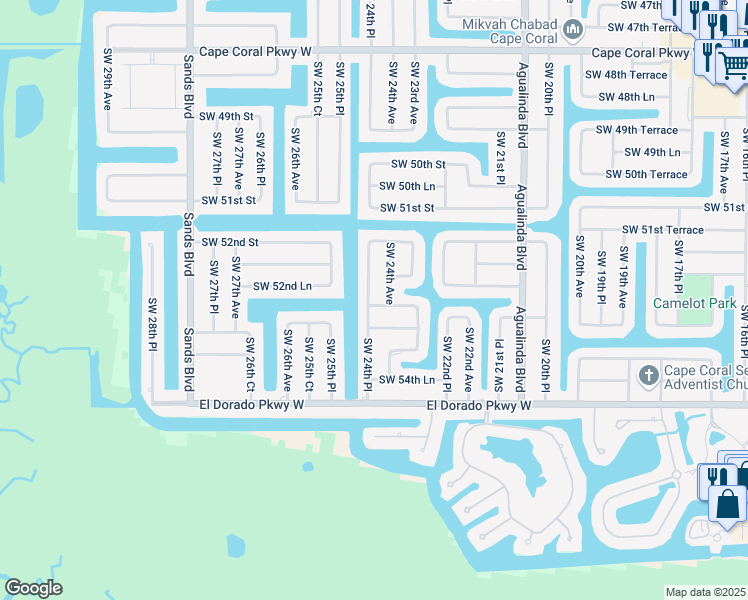 map of restaurants, bars, coffee shops, grocery stores, and more near 2318 Southwest 53rd Street in Cape Coral