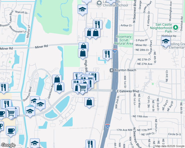 map of restaurants, bars, coffee shops, grocery stores, and more near 2413 Northwest 5th Street in Boynton Beach