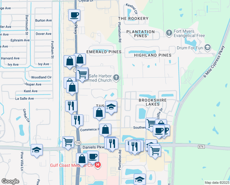 map of restaurants, bars, coffee shops, grocery stores, and more near 13100 Bella Casa Circle in Fort Myers