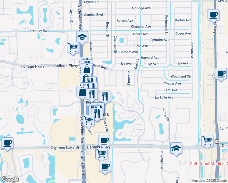 map of restaurants, bars, coffee shops, grocery stores, and more near 105 Pinebrook Drive in Fort Myers