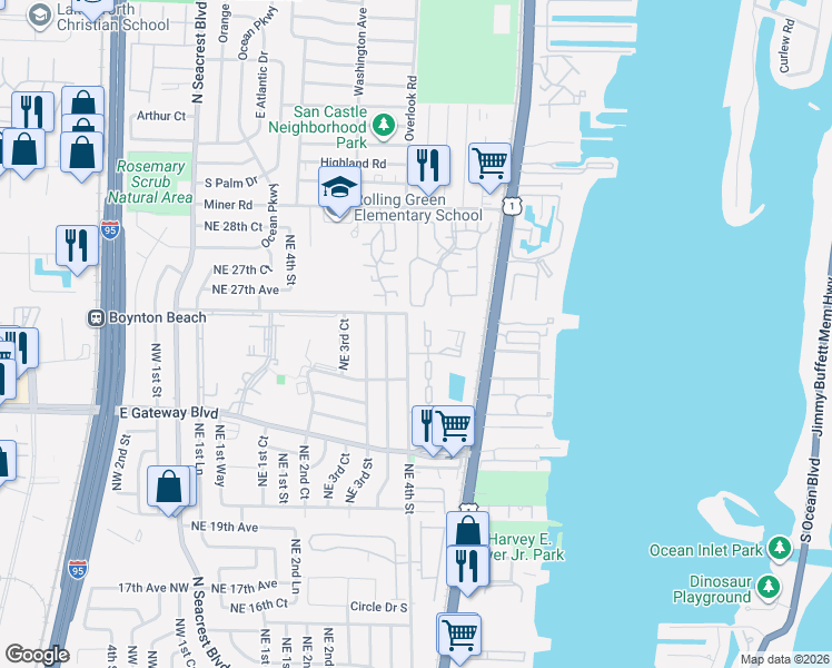 map of restaurants, bars, coffee shops, grocery stores, and more near 1 Crossings Circle in Boynton Beach