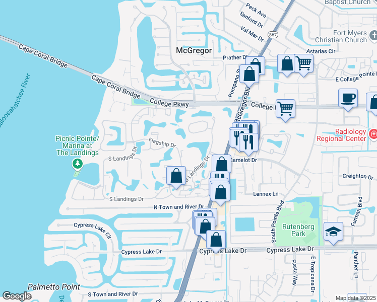map of restaurants, bars, coffee shops, grocery stores, and more near 4420 Flagship Drive in Fort Myers