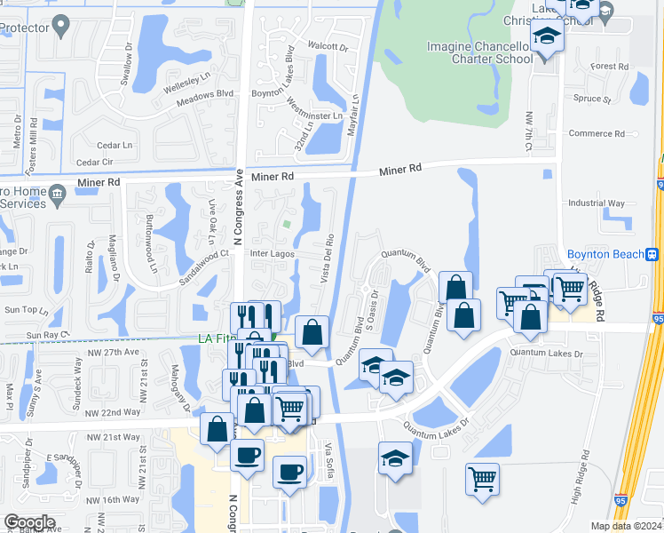 map of restaurants, bars, coffee shops, grocery stores, and more near 49 Vista Del Rio in Boynton Beach