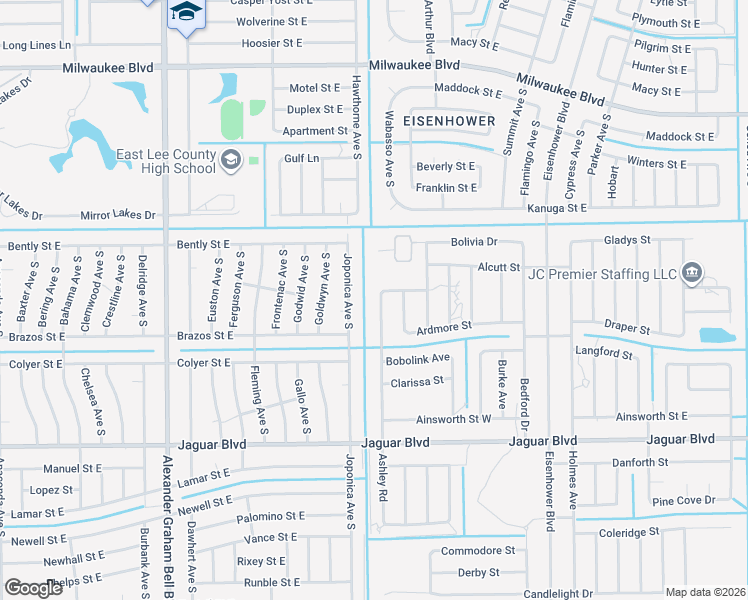 map of restaurants, bars, coffee shops, grocery stores, and more near 734 Ashley Road in Lehigh Acres