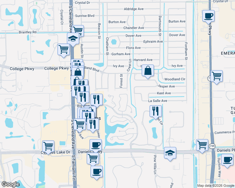 map of restaurants, bars, coffee shops, grocery stores, and more near 13196 Tall Pine Circle in Fort Myers