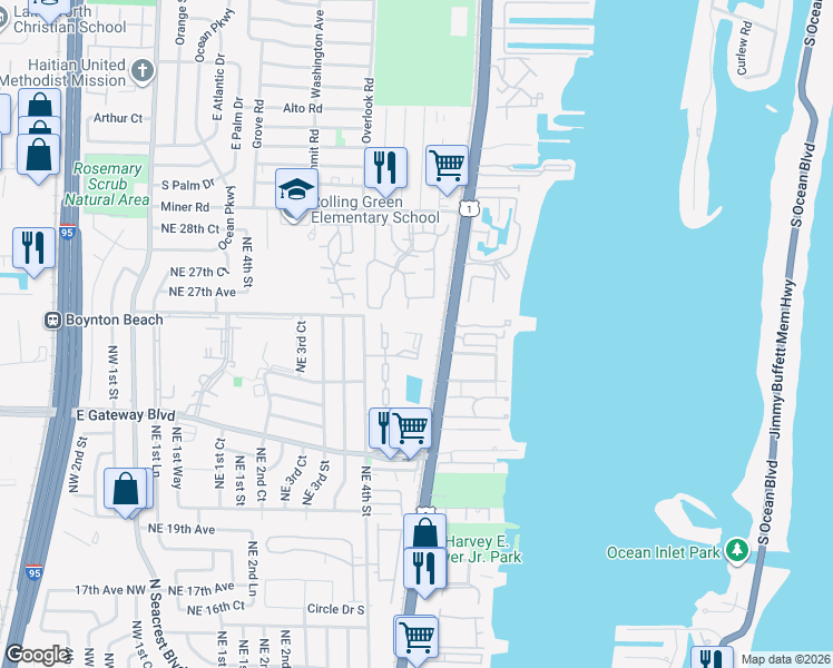 map of restaurants, bars, coffee shops, grocery stores, and more near 10 Crossings Circle in Boynton Beach