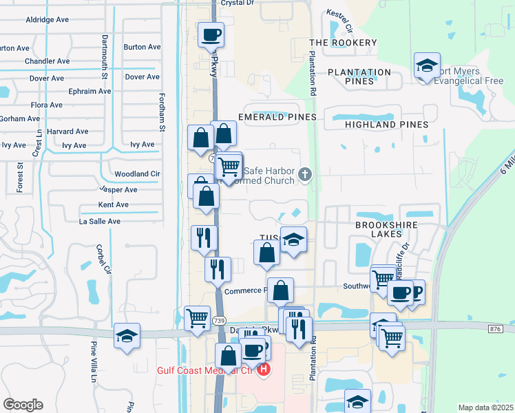 map of restaurants, bars, coffee shops, grocery stores, and more near 13150 Bella Casa Circle in Fort Myers