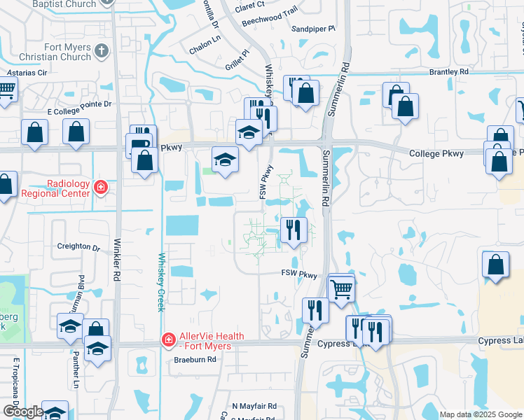 map of restaurants, bars, coffee shops, grocery stores, and more near Edison Parkway in Fort Myers