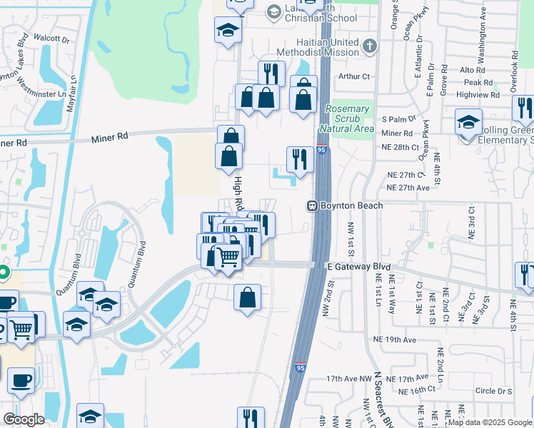 map of restaurants, bars, coffee shops, grocery stores, and more near 2400 High Ridge Road in Boynton Beach