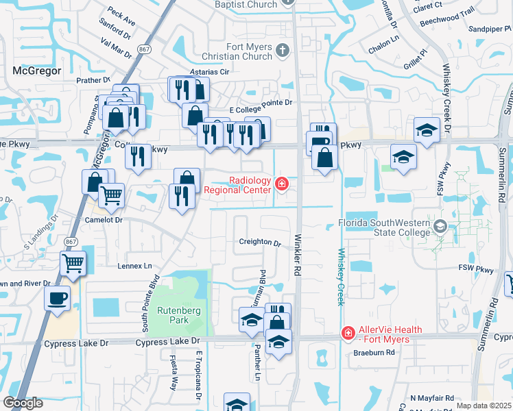 map of restaurants, bars, coffee shops, grocery stores, and more near 6307 Hofstra Court East in Fort Myers